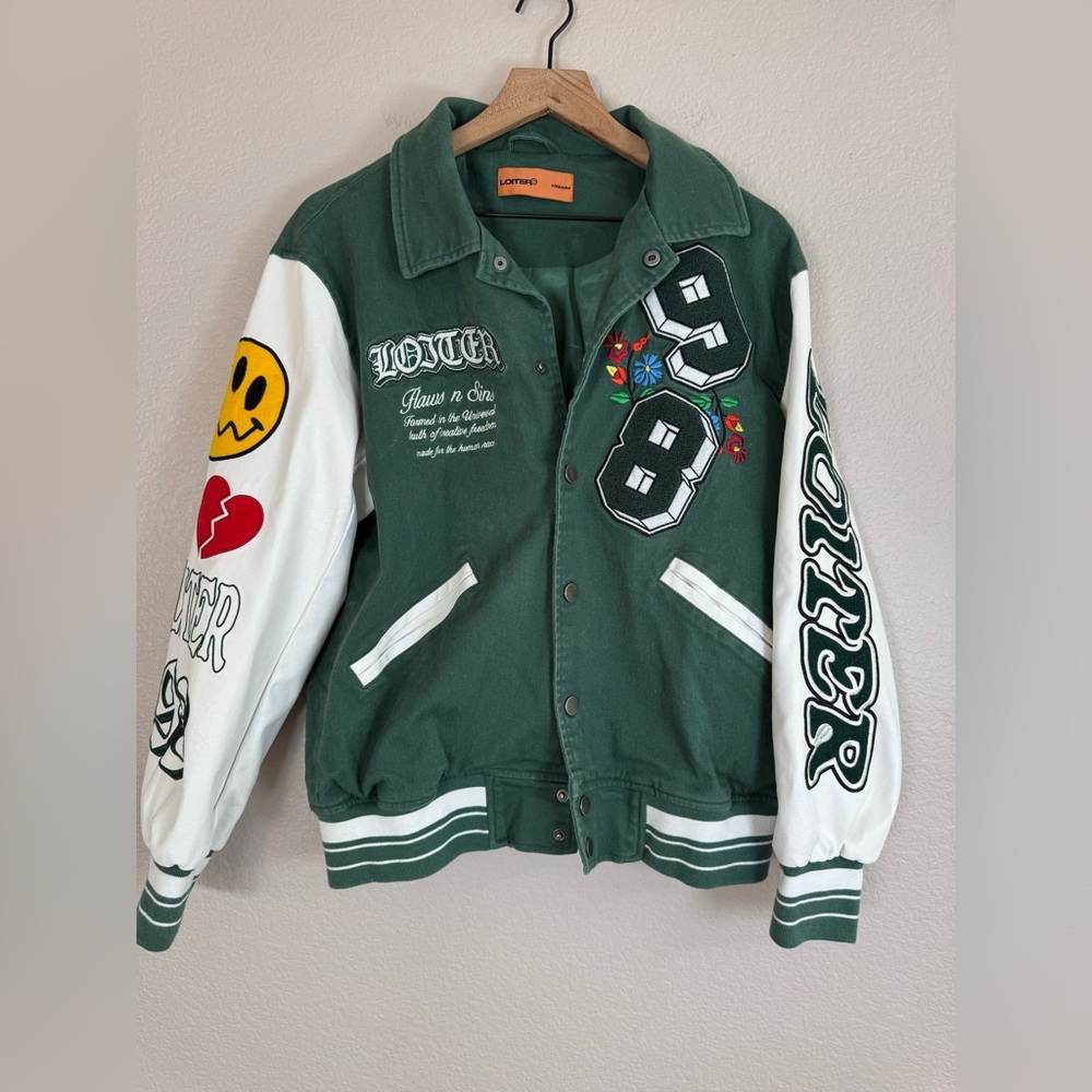 LOITER Flaws And Sins Varsity Logo Jacket size Medium Green Off White $229 - Picture 7 of 16